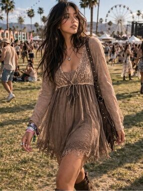 La Fee Maraboutee Taupe Y2K Babydoll Lace Trim Brown Dress Size 3 Boho Romantic